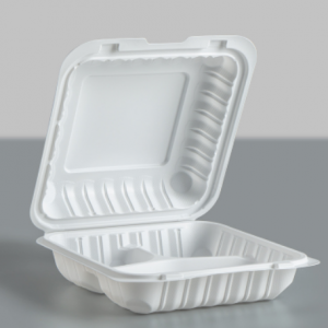 803 White Mineral-filled Hinged Take-Out  Container w/ 3 Compartments – 8 x 8 x 3 – 150/case