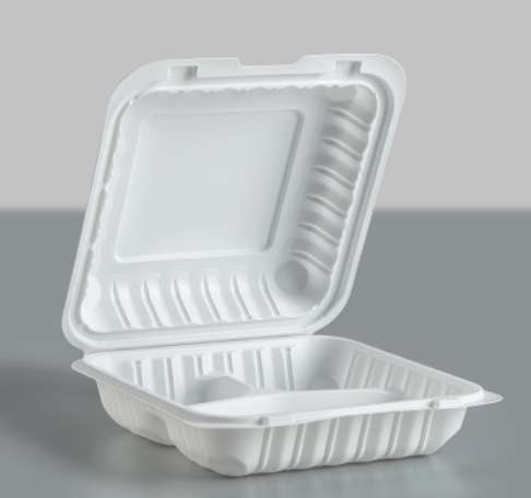 803 White Mineral-filled Hinged Take-Out  Container w/ 3 Compartments – 8 x 8 x 3 – 150/case