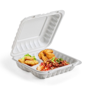 903 White Mineral-filled Hinged Take-Out Container w/ 3 Compartments 9″ x 9″ x 3″- 150/Case
