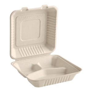 GreenPackaging – 8″x 8″x 3″ – Compostable 3-Compartment Hinged Sugarcane Bagasse Take-out Container – 200/case