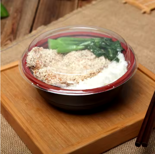 24 oz Black and Red Plastic Medium Bowl with Clear Lid