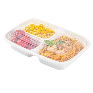 HS-339 White Rectangular Plastic Container w/ 3 Compartment – 36oz – 150set/case
