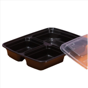 HS-339 Black Rectangular Plastic Container w/ 3 Compartment – 36oz – 150set/case