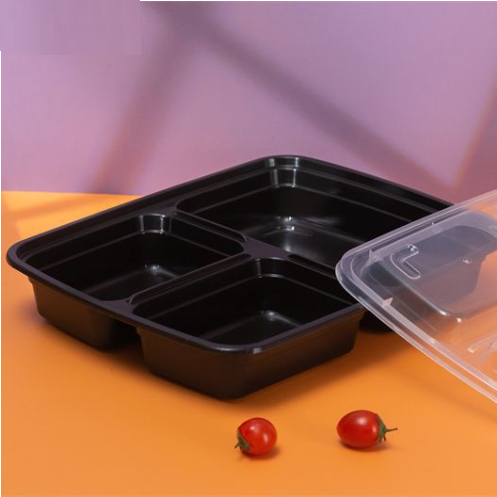 HS-339 Black Rectangular Plastic Container w/ 3 Compartment – 36oz – 150set/case