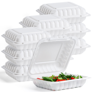 801 White Mineral-filled Hinged Take-Out  Container w/ 1 Compartments 8″x 8″x 3″ – 150/case